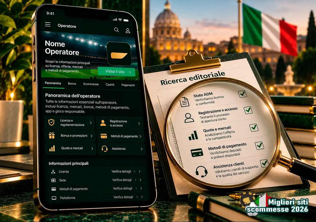 Verifica del bookmaker prima della recensione con lente e checklist editoriale.